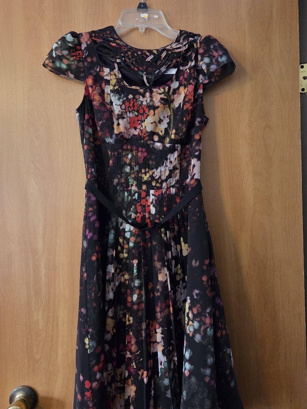 KAREN MILLEN Black Multi-Color Floral Midi Dress Size 4 Romantic Feminine Floral
